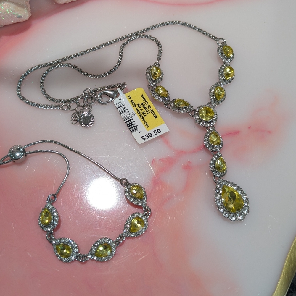 Elegant Silver and Yellow Gemstone Necklace and Bracelet Set